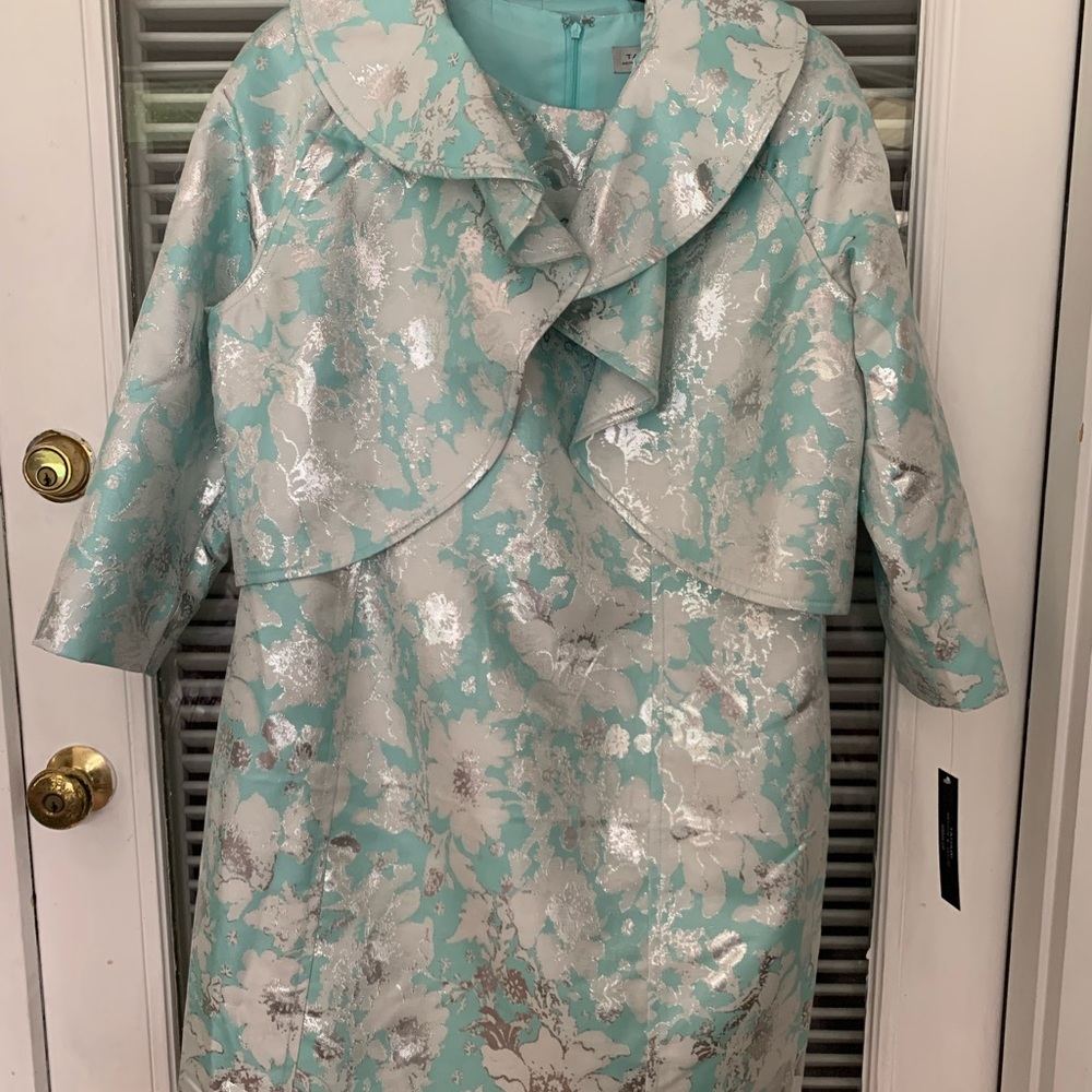 Tahari Silver and Aqua Floral Dress